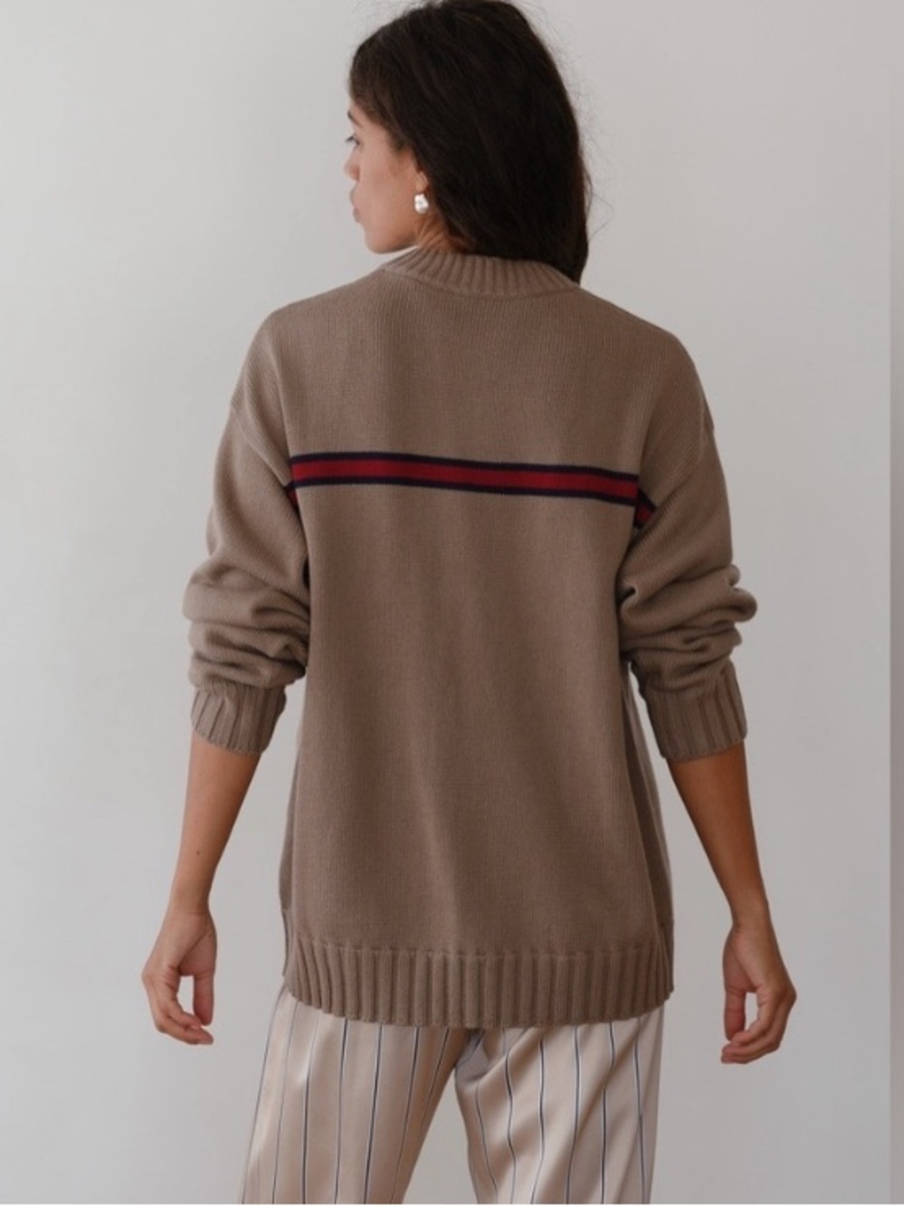 Donni The Cotton Cashmere Stripe Oversized Knit Sweater 90s Tan Brown Red - Picture 4 of 13